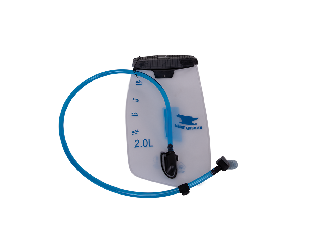 Hydration bladder with blue tube on a white background