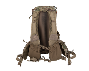 Close up of day pack shoulder strap with multiple pocket options showing cell phone carry on user's left strap