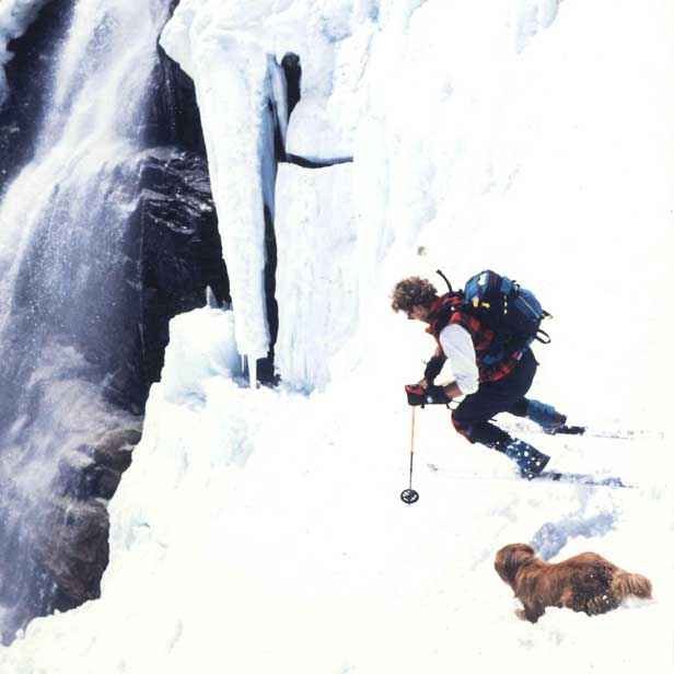 Frozen waterfall - ski poles