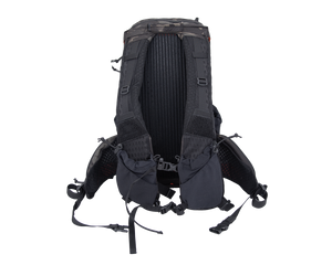 Close up of day pack shoulder strap with multiple pocket options showing cell phone carry on user&#39;s left strap