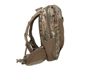 Close up of day pack shoulder strap with multiple pocket options showing cell phone carry on user&#39;s left strap