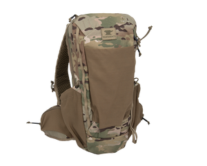 Close up of day pack shoulder strap with multiple pocket options showing cell phone carry on user&#39;s left strap