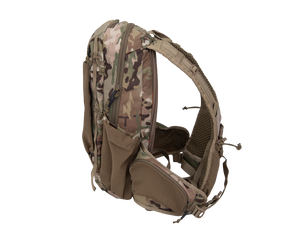 Close up of day pack shoulder strap with multiple pocket options showing cell phone carry on user&#39;s left strap