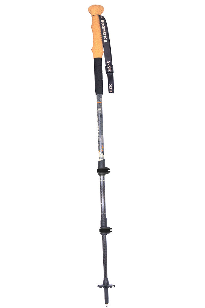Single hunting style trekking pole with cork handle and three-section adjustment