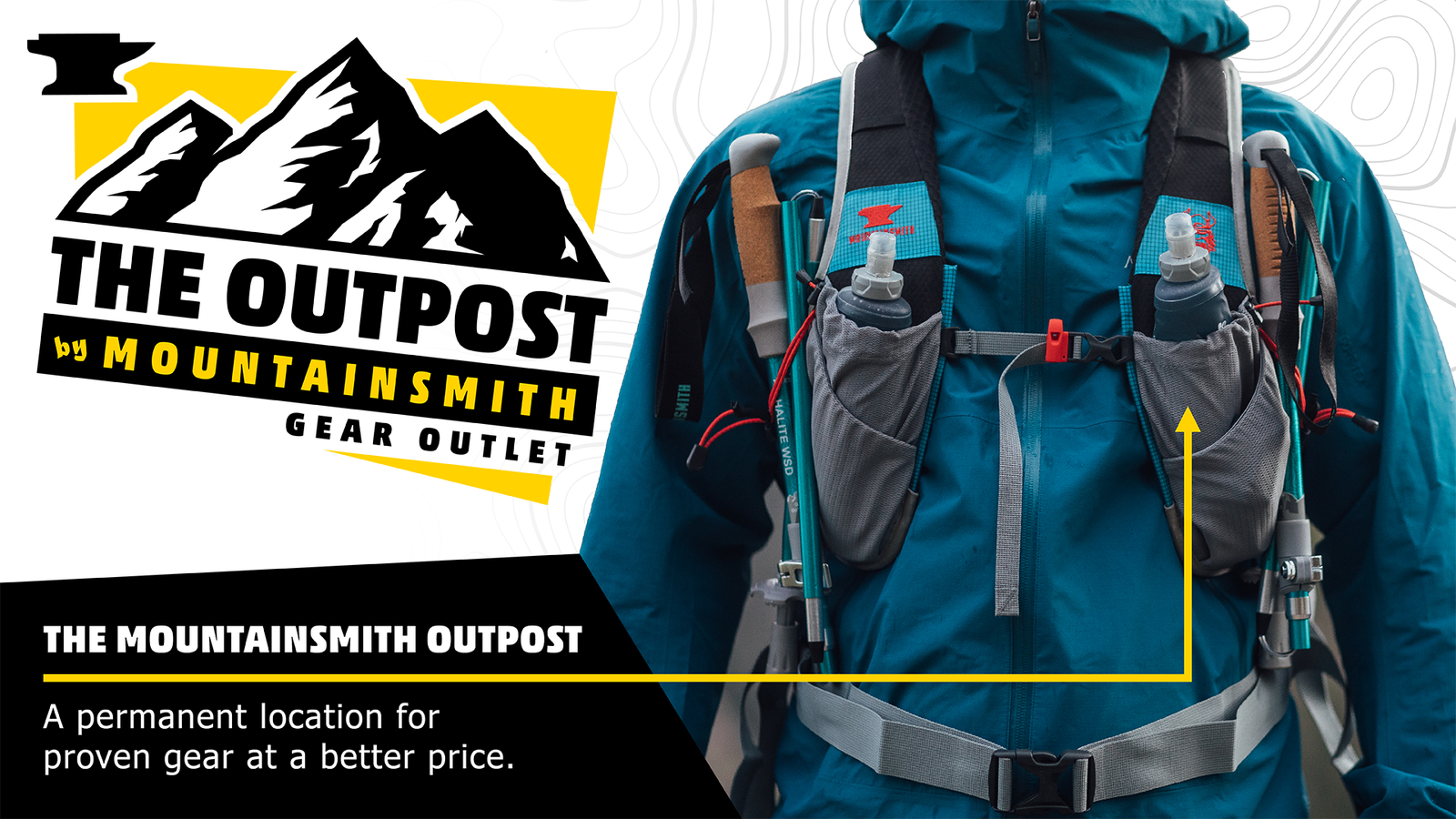 The Mountainsmith Outpost, a permanent sale location for proven gear at a better, discounted price. Image contains The Outpost logo with a mountain graphic and a background of a hiker's front torso wearing a blue jacket and a Mountainsmith backpack with trekking poles attached to the pack straps.